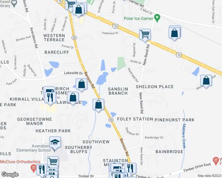 map of restaurants, bars, coffee shops, grocery stores, and more near 402 Kentucky Drive in Garner