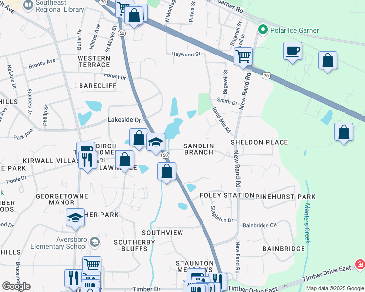 map of restaurants, bars, coffee shops, grocery stores, and more near 410 Kentucky Drive in Garner