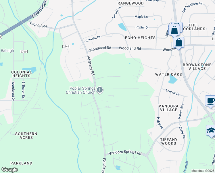 map of restaurants, bars, coffee shops, grocery stores, and more near 612 Poplar Springs Church Road in Raleigh