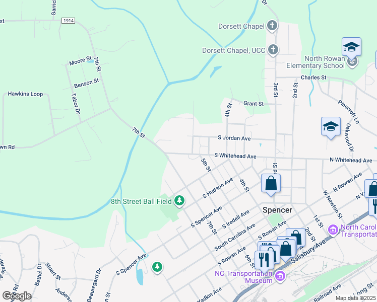map of restaurants, bars, coffee shops, grocery stores, and more near 107 Alexander Street in Spencer