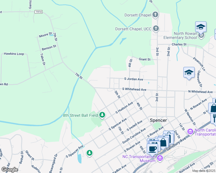 map of restaurants, bars, coffee shops, grocery stores, and more near 107 Alexander Street in Spencer