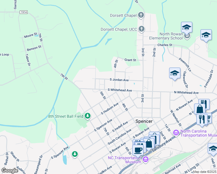 map of restaurants, bars, coffee shops, grocery stores, and more near 404 South Whitehead Avenue in Spencer