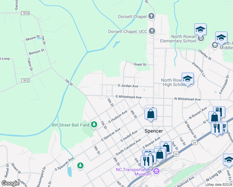 map of restaurants, bars, coffee shops, grocery stores, and more near 404 South Whitehead Avenue in Spencer