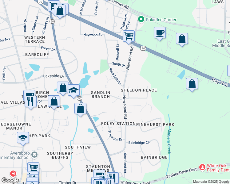 map of restaurants, bars, coffee shops, grocery stores, and more near 204 Kentucky Drive in Garner