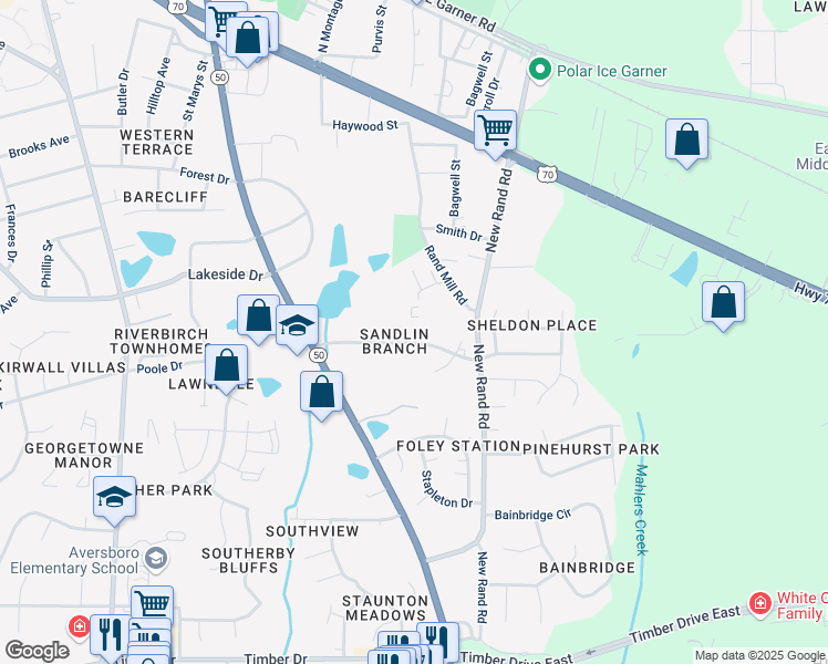 map of restaurants, bars, coffee shops, grocery stores, and more near 228 Kentucky Drive in Garner
