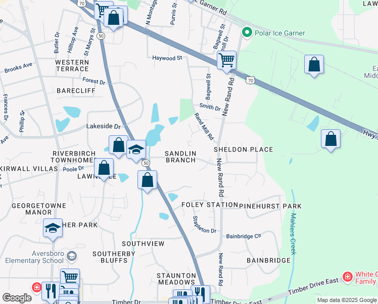 map of restaurants, bars, coffee shops, grocery stores, and more near 228 Kentucky Drive in Garner