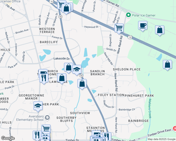 map of restaurants, bars, coffee shops, grocery stores, and more near 414 Kentucky Drive in Garner