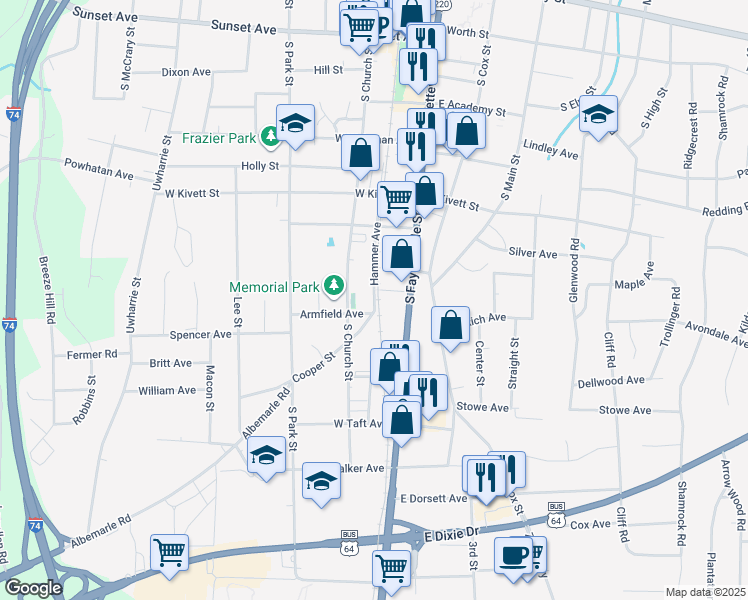 map of restaurants, bars, coffee shops, grocery stores, and more near 124 Birkhead Street in Asheboro