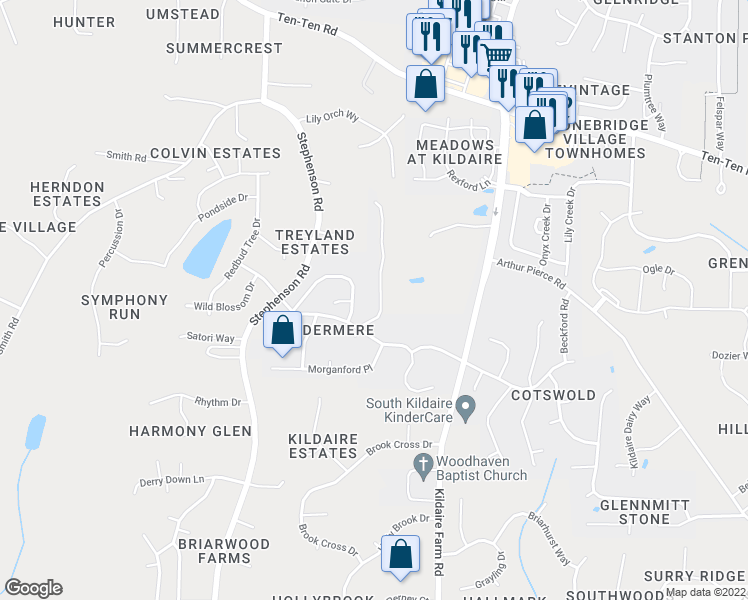 map of restaurants, bars, coffee shops, grocery stores, and more near 410 Allenhurst Place in Cary