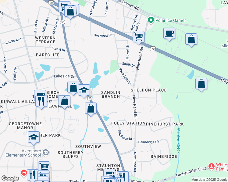 map of restaurants, bars, coffee shops, grocery stores, and more near 306 Kentucky Drive in Garner