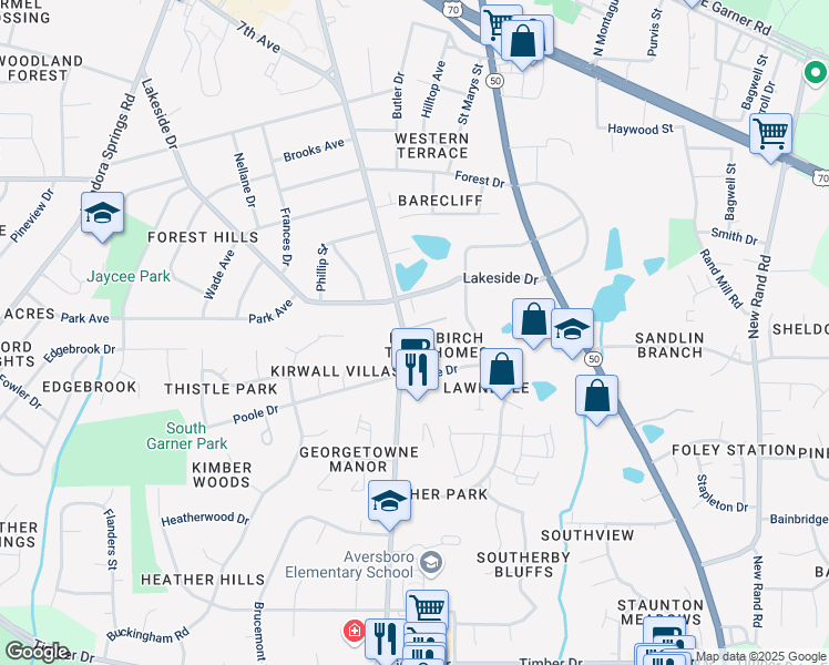 map of restaurants, bars, coffee shops, grocery stores, and more near 1259 Bellaris Court in Garner