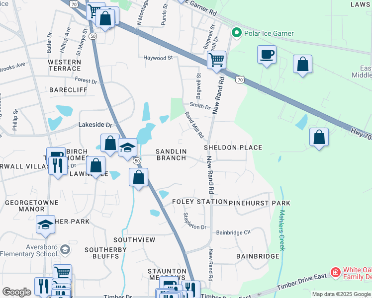 map of restaurants, bars, coffee shops, grocery stores, and more near 222 Kentucky Drive in Garner