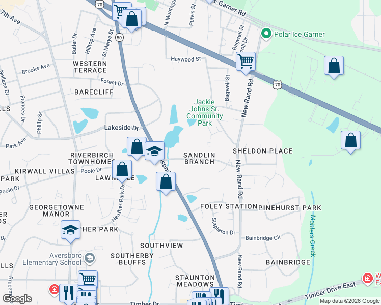 map of restaurants, bars, coffee shops, grocery stores, and more near 414 Kentucky Drive in Garner