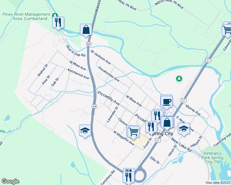 map of restaurants, bars, coffee shops, grocery stores, and more near 527 West Rhea Avenue in Spring City