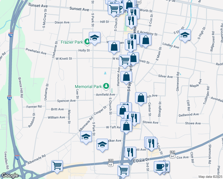 map of restaurants, bars, coffee shops, grocery stores, and more near 825 South Church Street in Asheboro