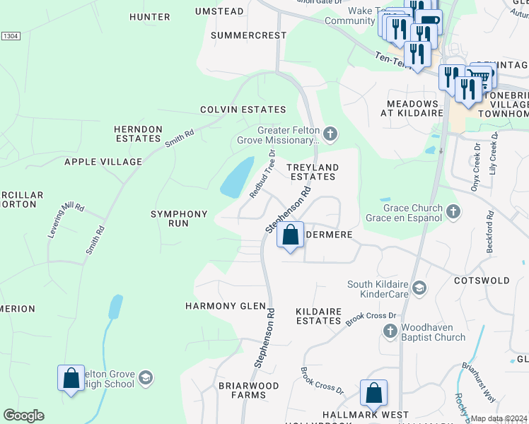 map of restaurants, bars, coffee shops, grocery stores, and more near 201 Wild Blossom Drive in Wake County