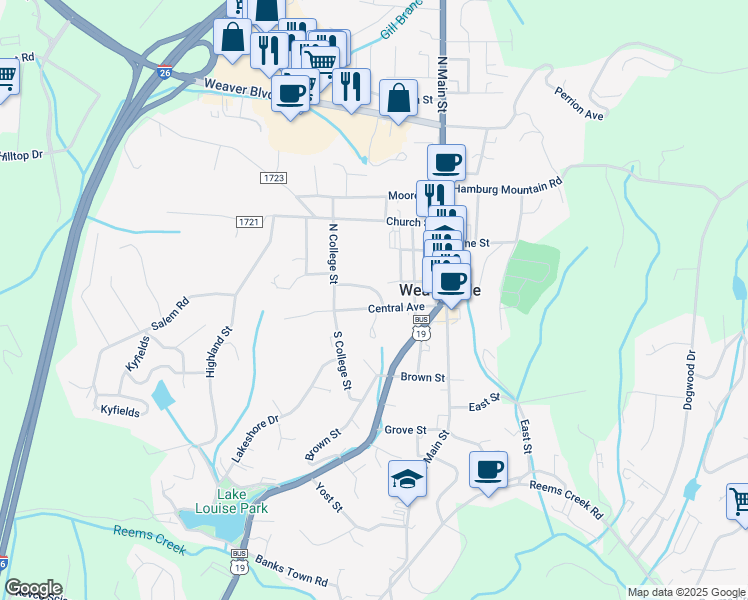 map of restaurants, bars, coffee shops, grocery stores, and more near 99999 College Crescent in Weaverville