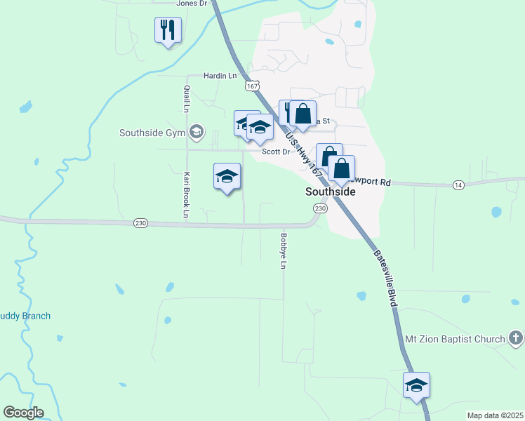 map of restaurants, bars, coffee shops, grocery stores, and more near 110 Camp Tahkodah Road in Batesville
