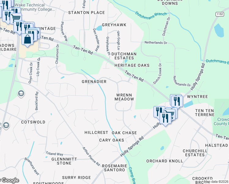 map of restaurants, bars, coffee shops, grocery stores, and more near 4832 Millens Bay Court in Apex
