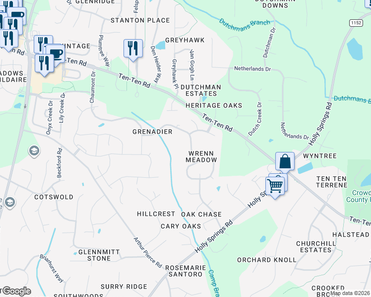 map of restaurants, bars, coffee shops, grocery stores, and more near 4832 Millens Bay Court in Apex