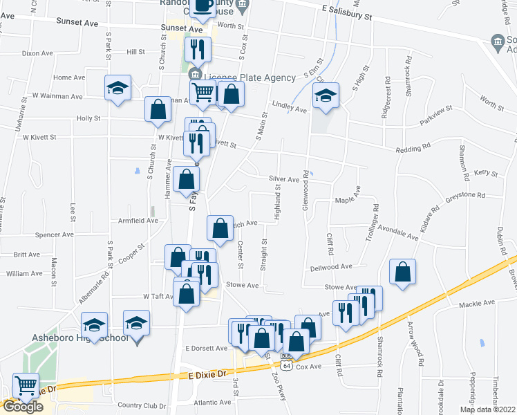 map of restaurants, bars, coffee shops, grocery stores, and more near 817 Center Street in Asheboro