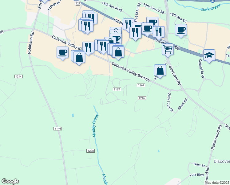 map of restaurants, bars, coffee shops, grocery stores, and more near 2105 State Road 1167 in Hickory
