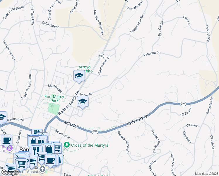 map of restaurants, bars, coffee shops, grocery stores, and more near 168 Valley Drive in Santa Fe