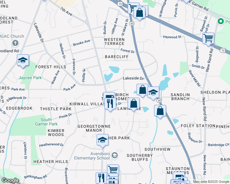 map of restaurants, bars, coffee shops, grocery stores, and more near 153 Bayleigh Court in Garner