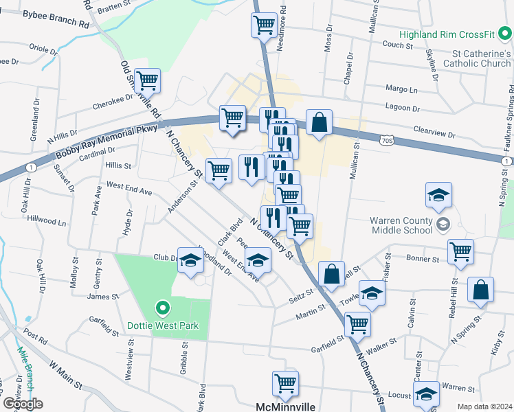 map of restaurants, bars, coffee shops, grocery stores, and more near 105 Northgate Drive in McMinnville