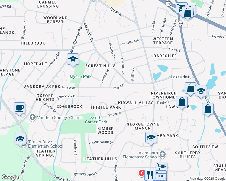 map of restaurants, bars, coffee shops, grocery stores, and more near 913 Park Ave in Garner