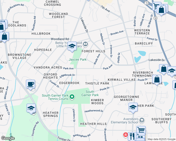 map of restaurants, bars, coffee shops, grocery stores, and more near 1105 Park Avenue in Garner
