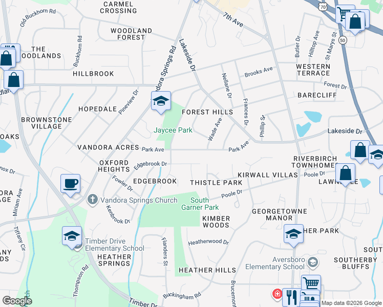 map of restaurants, bars, coffee shops, grocery stores, and more near 1107 Park Avenue in Garner