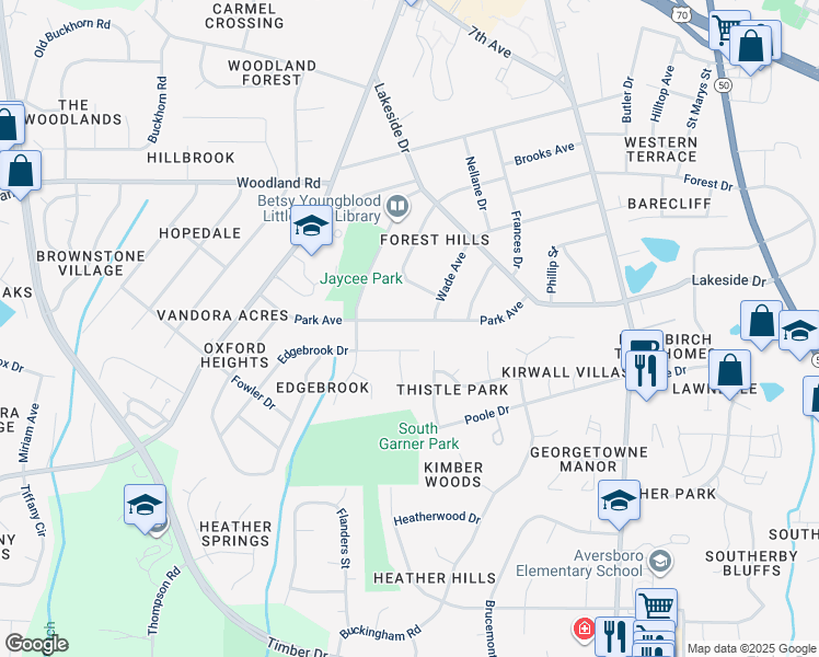 map of restaurants, bars, coffee shops, grocery stores, and more near 1105 Park Avenue in Garner