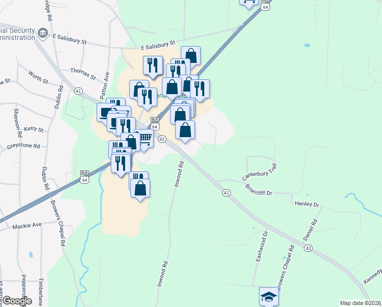 map of restaurants, bars, coffee shops, grocery stores, and more near 307 North Carolina 42 in Asheboro