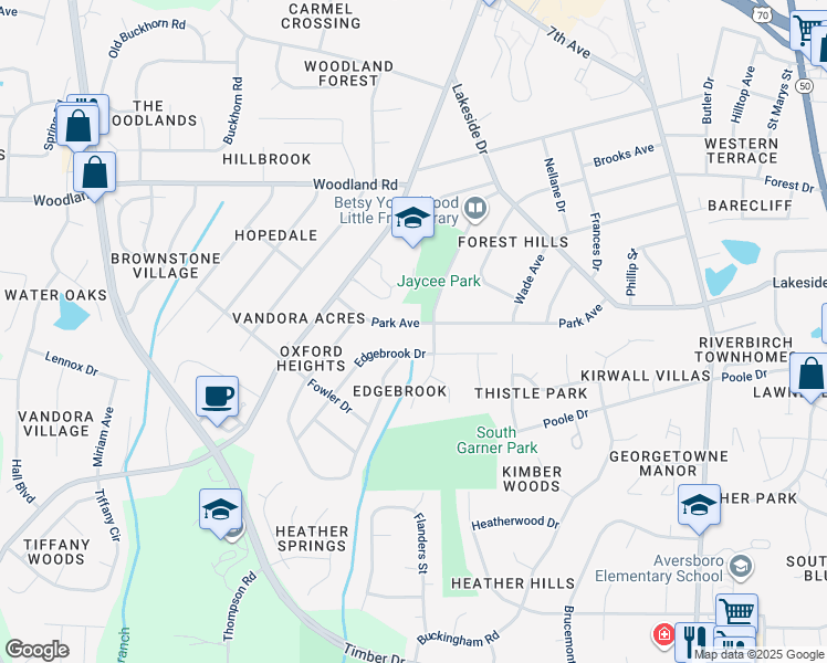 map of restaurants, bars, coffee shops, grocery stores, and more near 1203 Park Avenue in Garner