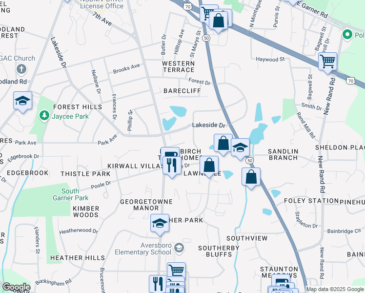 map of restaurants, bars, coffee shops, grocery stores, and more near 163 Bayleigh Court in Garner