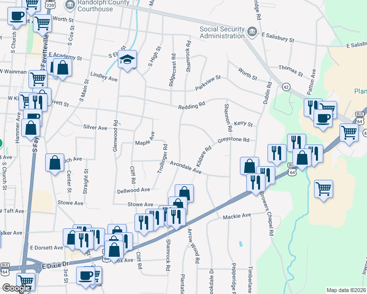 map of restaurants, bars, coffee shops, grocery stores, and more near 706 Shamrock Road in Asheboro