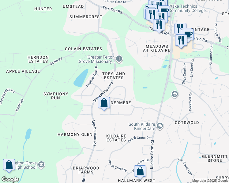 map of restaurants, bars, coffee shops, grocery stores, and more near 227 Shillings Chase Drive in Cary