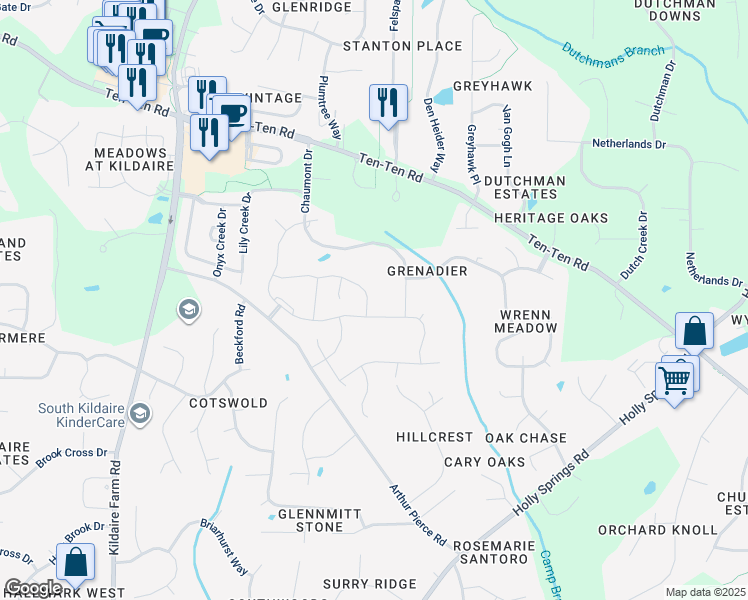 map of restaurants, bars, coffee shops, grocery stores, and more near 3533 Ogle Drive in Cary