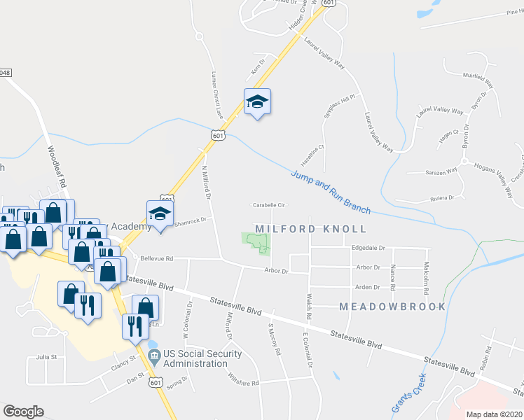 map of restaurants, bars, coffee shops, grocery stores, and more near 203 Carabelle Circle in Salisbury