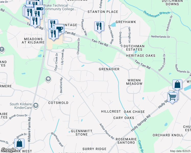 map of restaurants, bars, coffee shops, grocery stores, and more near 3533 Ogle Drive in Cary
