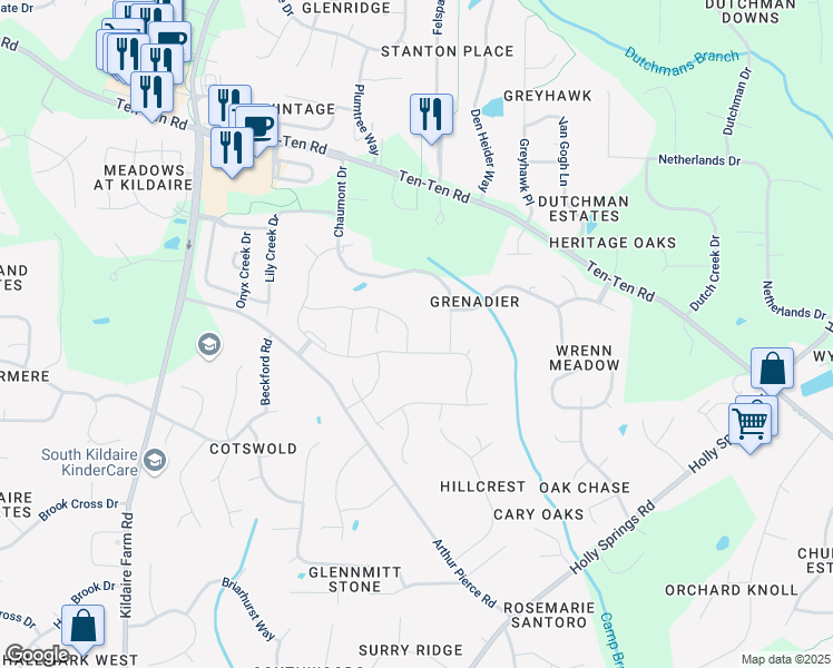 map of restaurants, bars, coffee shops, grocery stores, and more near 3533 Ogle Drive in Cary