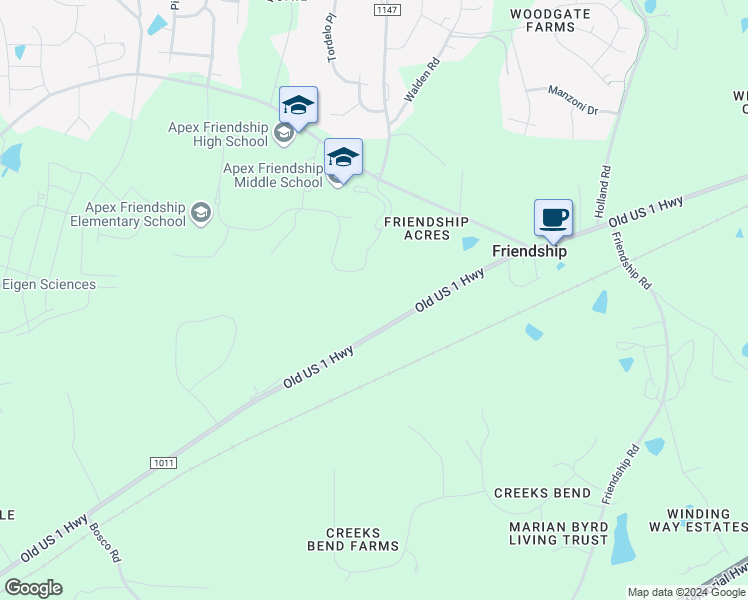 map of restaurants, bars, coffee shops, grocery stores, and more near 2428 Old US 1 Highway in Apex