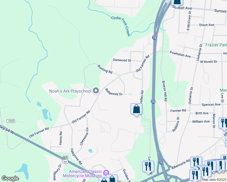 map of restaurants, bars, coffee shops, grocery stores, and more near 834 Ridgeway Drive in Asheboro