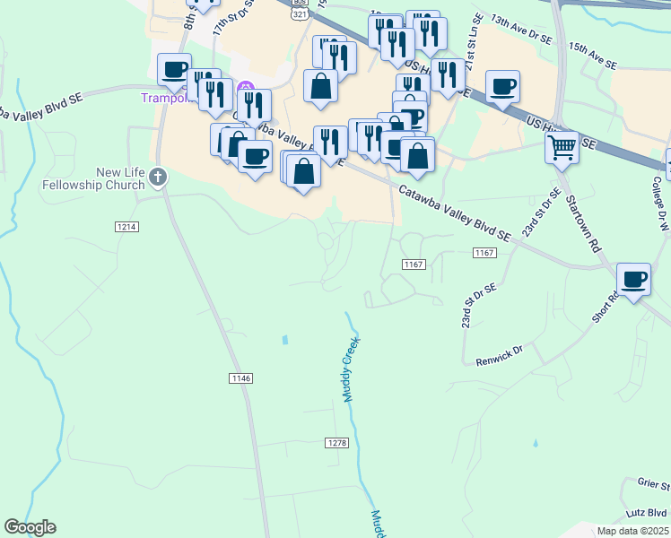 map of restaurants, bars, coffee shops, grocery stores, and more near 3445 Valley Arbors Drive in Hickory