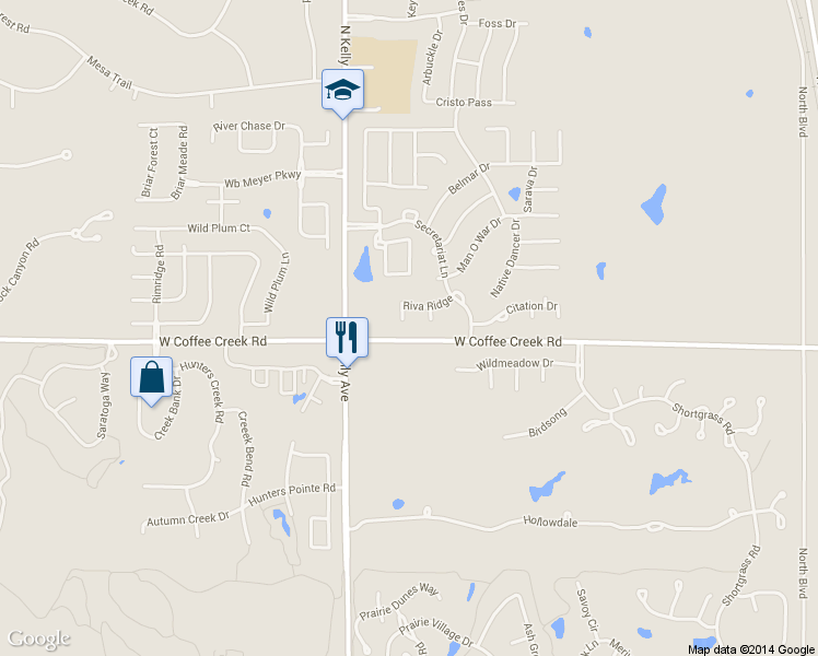 map of restaurants, bars, coffee shops, grocery stores, and more near 4102 Riva Ridge Court in Edmond