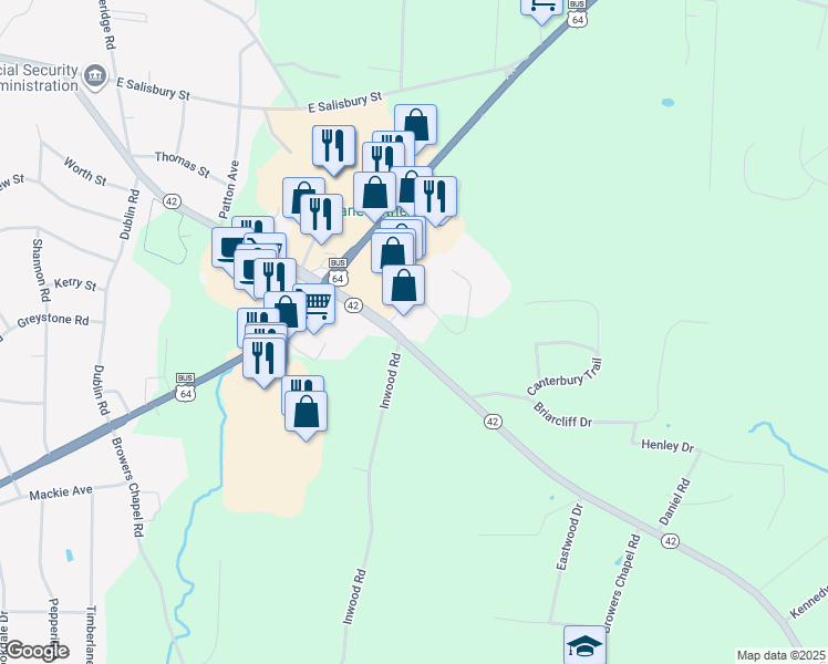 map of restaurants, bars, coffee shops, grocery stores, and more near 307 North Carolina 42 in Asheboro