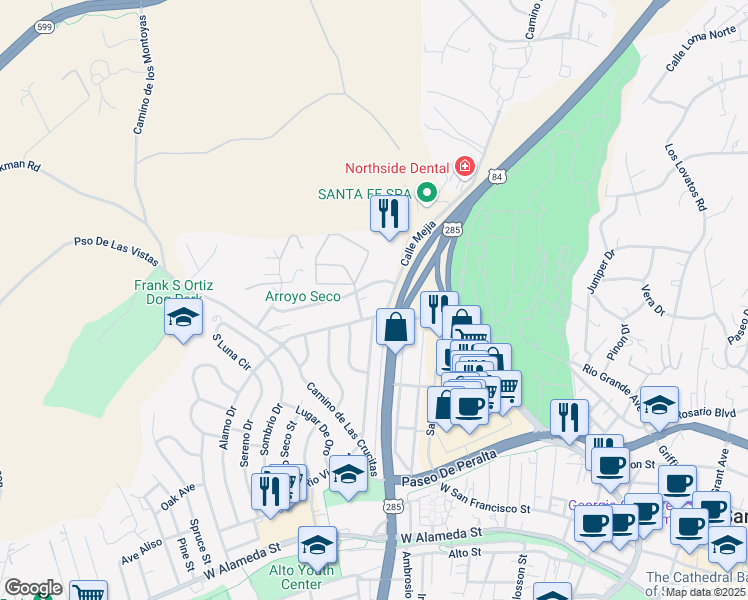 map of restaurants, bars, coffee shops, grocery stores, and more near in Santa Fe