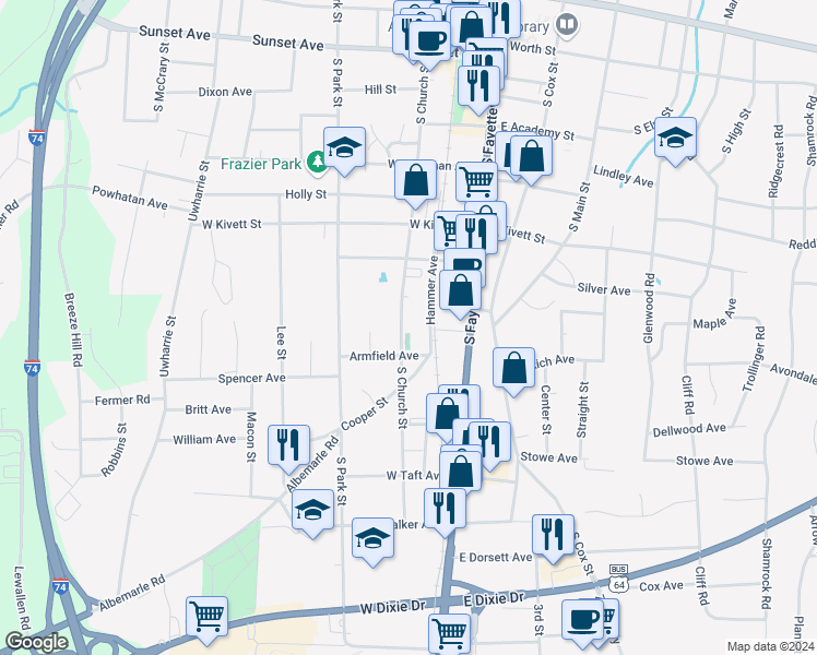 map of restaurants, bars, coffee shops, grocery stores, and more near 813 South Church Street in Asheboro