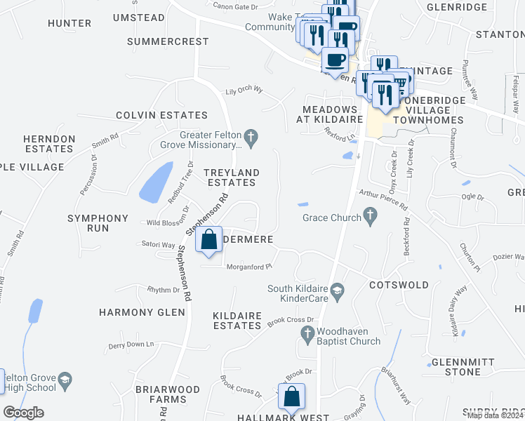 map of restaurants, bars, coffee shops, grocery stores, and more near 202 Shillings Chase Drive in Cary